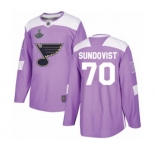 Youth St. Louis Blues #70 Oskar Sundqvist Authentic Purple Fights Cancer Practice 2019 Stanley Cup Champions Hockey Jersey