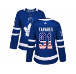 Women Adidas Toronto Maple Leafs #91 John Tavares Blue Home Authentic USA Flag Stitched NHL Jersey