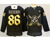 Men's Tampa Bay Lightning #86 Nikita Kucherov 2024-25 Black Gasparilla Inspired Pirate-Themed Warmup Stitched Jersey