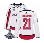 Women Adidas Washington Capitals #21 Lucas Johansen Authentic White Away 2018 Stanley Cup Final Champions NHL Jersey