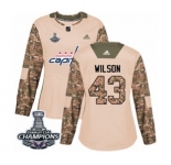 Women Adidas Washington Capitals #43 Tom Wilson Authentic Camo Veterans Day Practice 2018 Stanley Cup Final Champions NHL Jersey