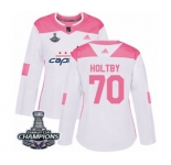 Women Adidas Washington Capitals #70 Braden Holtby Authentic White Pink Fashion 2018 Stanley Cup Final Champions NHL Jersey