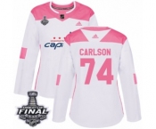 Women's Adidas Washington Capitals #74 John Carlson Authentic White Pink Fashion 2018 Stanley Cup Final NHL Jersey