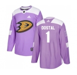 Anaheim Ducks #1 Lukas Dostal Authentic Purple Fights Cancer Practice Hockey Jersey