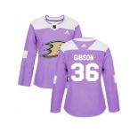 Women Adidas Anaheim Ducks #36 John Gibson Purple Authentic Fights Cancer Stitched NHL Jersey