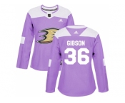 Women Adidas Anaheim Ducks #36 John Gibson Purple Authentic Fights Cancer Stitched NHL Jersey