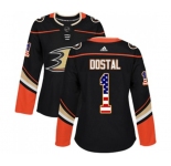 Women Anaheim Ducks #1 Lukas Dostal Authentic Black USA Flag Fashion Hockey Jersey