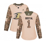 Women Anaheim Ducks #1 Lukas Dostal Authentic Camo Veterans Day Practice Hockey Jersey