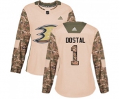 Women Anaheim Ducks #1 Lukas Dostal Authentic Camo Veterans Day Practice Hockey Jersey