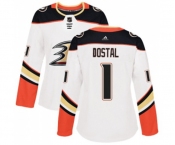 Women Anaheim Ducks #1 Lukas Dostal Authentic White Away Hockey Jersey