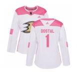 Women Anaheim Ducks #1 Lukas Dostal Authentic White Pink Fashion Hockey Jersey