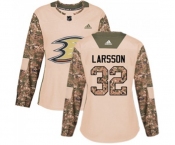 Women Anaheim Ducks #32 Jacob Larsson Authentic Camo Veterans Day Practice Hockey Jersey