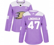Women Anaheim Ducks #47 Hampus Lindholm Authentic Purple Fights Cancer Practice Hockey Jersey