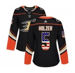 Women Anaheim Ducks #5 Korbinian Holzer Authentic Black USA Flag Fashion Hockey Jersey