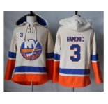 Men's New York Islanders #3 Travis Hamonic Cream Sawyer Hooded Sweatshirt Stitched NHL Jersey