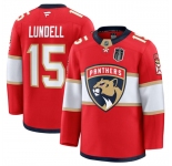Men's Florida Panthers #15 Anton Lundell Red 2025 Stanley Cup Final Patch Stitched Hockey Jersey