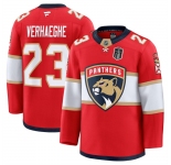 Men's Florida Panthers #23 Carter Verhaeghe Red 2025 Stanley Cup Final Patch Stitched Hockey Jersey