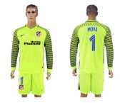 Atletico Madrid #1 Moya Shiny Green Goalkeeper Long Sleeves Soccer Club Jersey