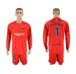 Barcelona #1 Ter Stegen Red Goalkeeper Long Sleeves Soccer Club Jersey