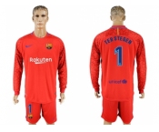 Barcelona #1 Ter Stegen Red Goalkeeper Long Sleeves Soccer Club Jersey