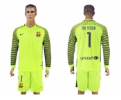 Barcelona #1 Ter Stegen Shiny Green Goalkeeper Long Sleeves Soccer Club Jersey