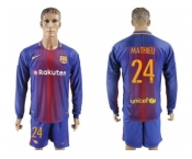 Barcelona #24 Mathieu Home Long Sleeves Soccer Club Jersey