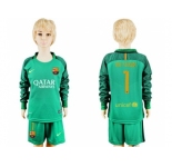 Barcelona #1 Ter Stegen Green Goalkeeper Long Sleeves Kid Soccer Club Jersey