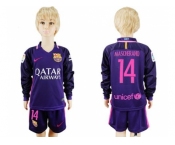 Barcelona #14 Mascherano Away Long Sleeves Kid Soccer Club Jersey