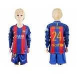 Barcelona #24 Mathieu Home Long Sleeves Kid Soccer Club Jersey
