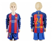 Barcelona #24 Mathieu Home Long Sleeves Kid Soccer Club Jersey