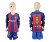 Barcelona #8 A.Iniesta Home Long Sleeves Kid Soccer Club Jersey