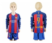 Barcelona #9 Suarez Home Long Sleeves Kid Soccer Club Jersey