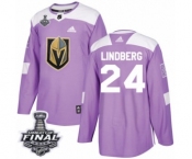 Men Adidas Vegas Golden Knights #24 Oscar Lindberg Authentic Purple Fights Cancer Practice 2018 Stanley Cup Final NHL Jersey