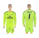 Real Madrid #1 Casillas Shiny Green Goalkeeper Long Sleeves Soccer Club Jersey