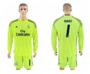 Real Madrid #1 Navas Shiny Green Goalkeeper Long Sleeves Soccer Club Jersey