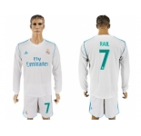 Real Madrid #7 Raul White Home Long Sleeves Soccer Club Jersey