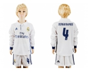 Real Madrid #4 Sergio Ramos Home Long Sleeves Kid Soccer Club Jersey