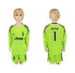 Juventus #1 Buffon Shiny Green Goalkeeper Long Sleeves Kid Soccer Club Jersey
