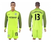 Manchester City #13 Caballero Shiny Green Goalkeeper Long Sleeves Soccer Club Jersey