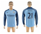 Manchester City #21 Silva Home Long Sleeves Soccer Club Jersey1