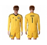 Argentina #1 Romero Yellow Goalkeeper Long Sleeves Soccer Country Jersey