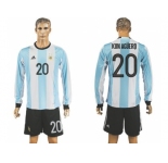 Argentina #20 Kun Aguero Home Long Sleeves Soccer Country Jersey
