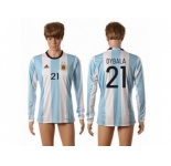 Argentina #21 Dybala Home Long Sleeves Soccer Country Jersey