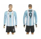 Argentina #9 Higuaín Home Long Sleeves Soccer Country Jersey1