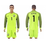 Brazil #1 Alisson Green Long Sleeves Goalkeeper Soccer Country Jersey