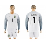 Brazil #1 Alisson White Goalkeeper Long Sleeves Soccer Country Jersey