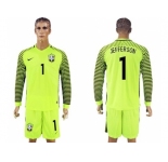 Brazil #1 Jefferson Green Long Sleeves Goalkeeper Soccer Country Jersey