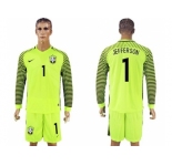 Brazil #1 Jefferson Shiny Green Long Sleeves Goalkeeper Soccer Country Jersey
