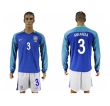 Brazil #3 Miranda Away Long Sleeves Soccer Country Jersey