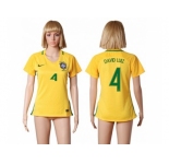 Women's Brazil #4 David Luiz Home Soccer Country Jersey